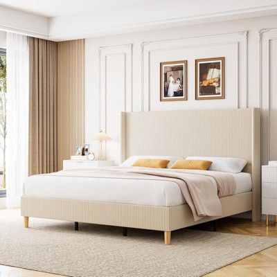 FULL/Queen/KING Size Corduroy Upholstered Bed Frame, Platform Bed with Vertical Stripe Wingback Headboard, No Box Spring Needed/Wooden Slats/Noise Fr