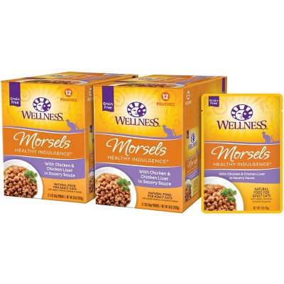 Wellness Complete Health Healthy Indulgence Morsels with Chicken & Chicken Liver in Savory Sauce Grain-Free Wet Cat Food Pouches, 3-oz, Case of 24