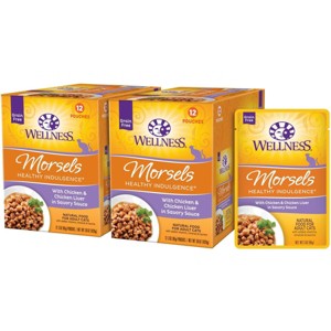 Wellness Complete Health Healthy Indulgence Morsels with Chicken & Chicken Liver in Savory Sauce Grain-Free Wet Cat Food Pouches, 3-oz, Case of 24 - 1 of 4