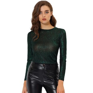Allegra K Women's Long Sleeve Puff Sleeve Party Glitter Shiny Metallic Tops - 1 of 4