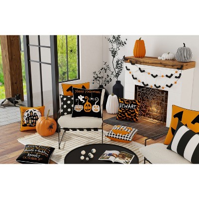 18" Square Orange and Black Halloween Haunted House Pillow