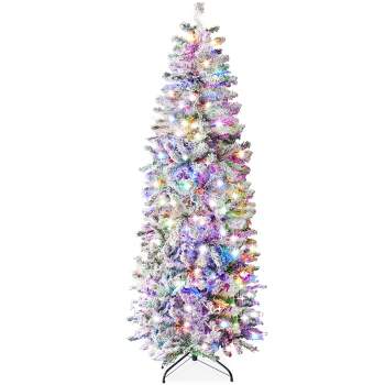 Best Choice Products Pre-Lit Artificial Snow Flocked Pencil Christmas Tree Decoration w/ Multicolor Lights