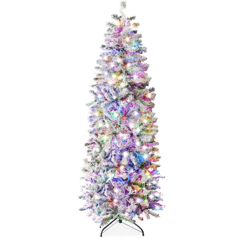 Best Choice Products Pre-Lit Artificial Snow Flocked Pencil Christmas Tree Decoration w/ Multicolor Lights, 1 of 8