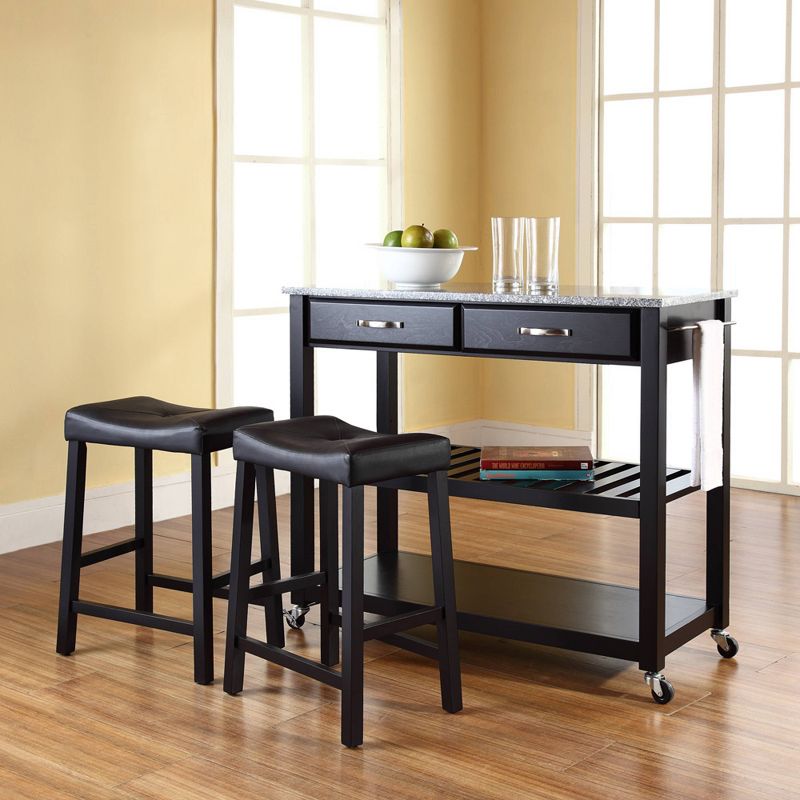 Gray Granite Top Kitchen Prep Cart with 2 Upholstered Saddle Stools - Crosley, 3 of 12