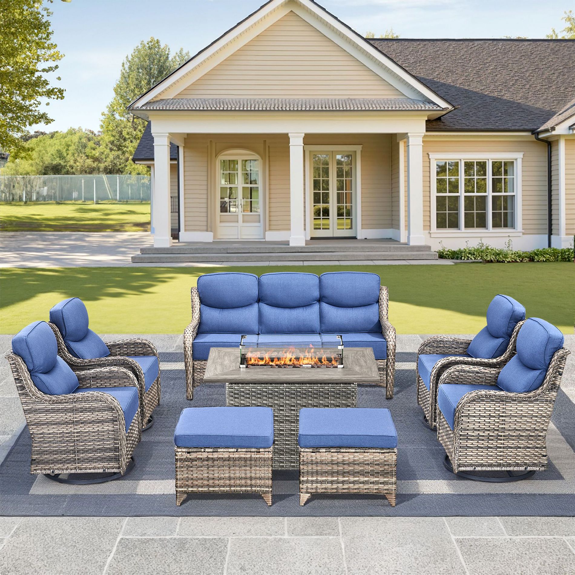 Gymojoy 8 Pieces Outdoor 6 Inch Sofa Swivel Chair Ottoman with Fire Pit Table