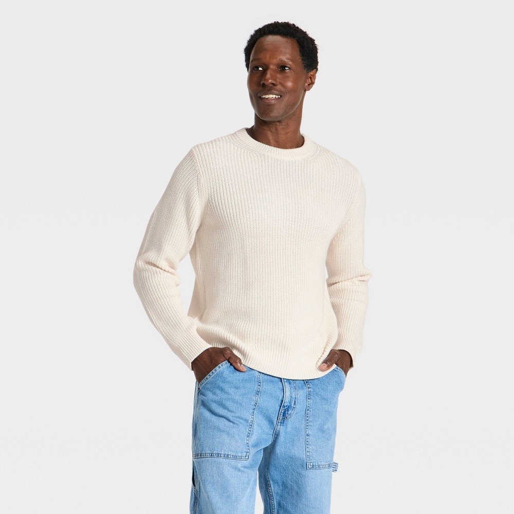 Men's Long Sleeve Cotton Textured Crewneck Pullover Sweater - Goodfellow & Co™ Cream M
