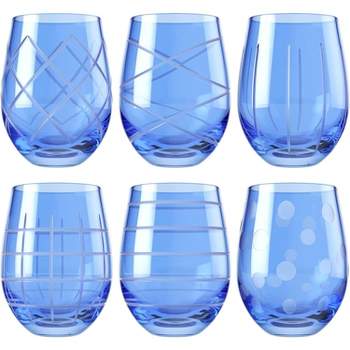 Fifth Avenue Medallion Stemless Wine Crystal Glass Set of 6, 17 oz, Various Etched Patterns, Texture Goblet Cups, Stemless Goblets for Wine