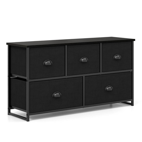 Multi-Purpose Dresser TV Stand with 5 Drawers, Open Shelves & Steel Frame  for Bedroom, Living Room, Closet - Fits TV up to 45 Inches, Black 