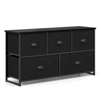 Costway Fabric Dresser Storage Unit Side Table w/ 5 Drawers Metal Frame Brown\Black Table Top