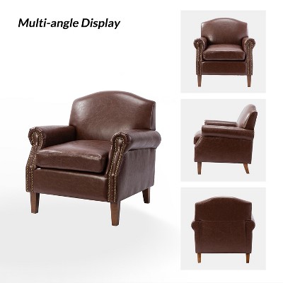Brown Faux Leather Armchair with Nailhead Trim and Wood Frame