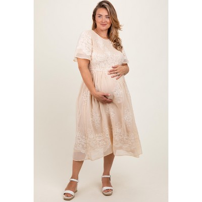 Pinkblush Cream Embroidered Smocked Maternity Plus Midi Dress