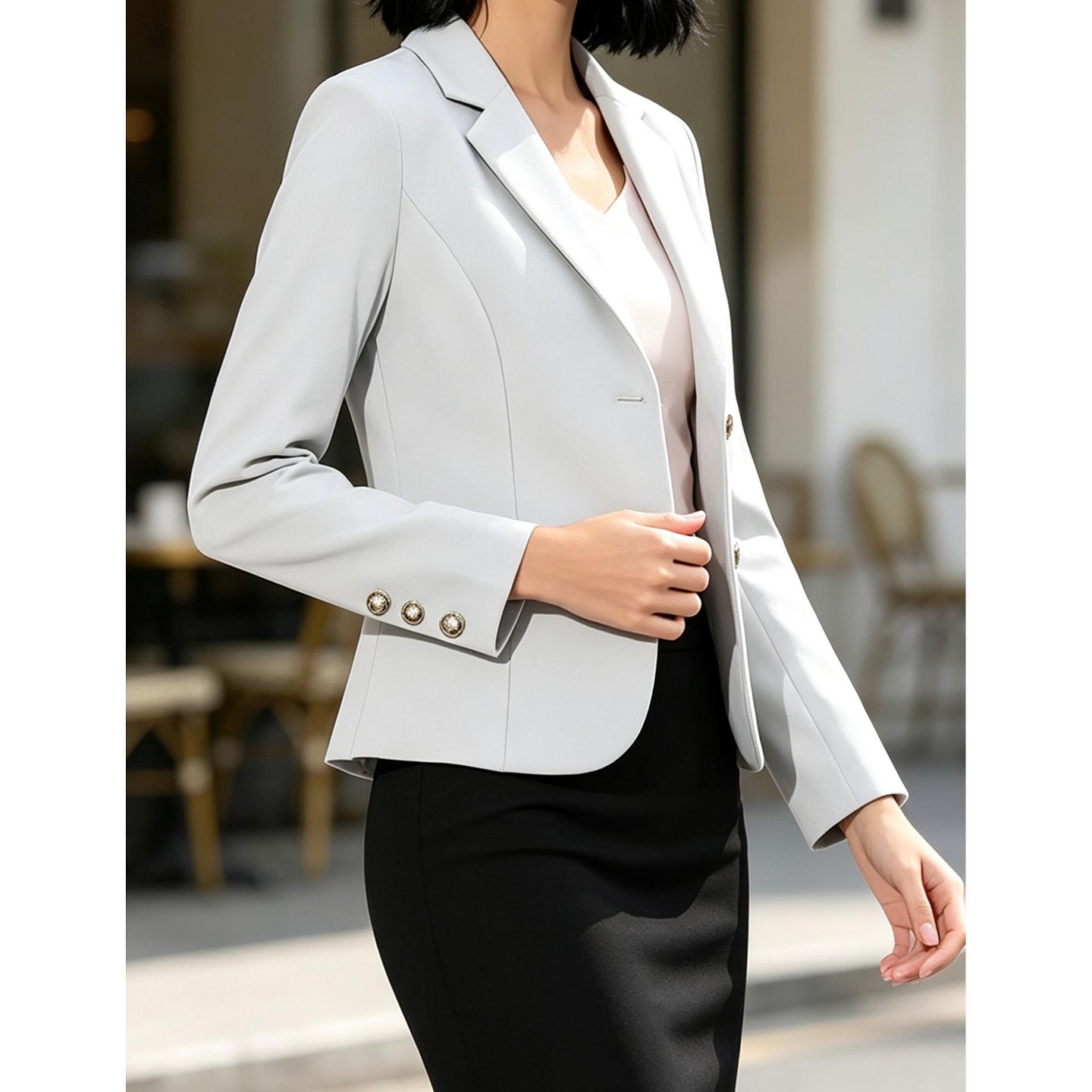 Женская куртка YesFashion Women Cropped Blazer Jacket Lapel Collar Long‑Sleeve Suit Coat Decorative Button Slim‑Fit Business Office Outerwear, S, White, цвет: Белый — фото 3