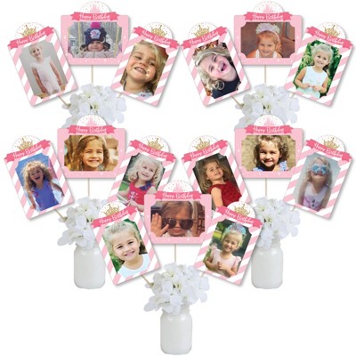 Big Dot of Happiness Little Princess Crown - Pink and Gold Princess Birthday Party Picture Centerpiece Sticks - Photo Table Toppers - 15 Pieces