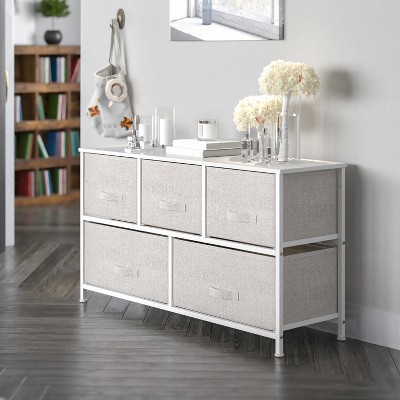 White Cast Iron Frame Vertical Storage Dresser with Light Gray Fabric Drawers