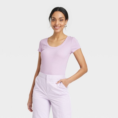 Women's Slim Fit Short Sleeve Ribbed Scoop Neck T-shirt - A New Day™  Lavender S : Target