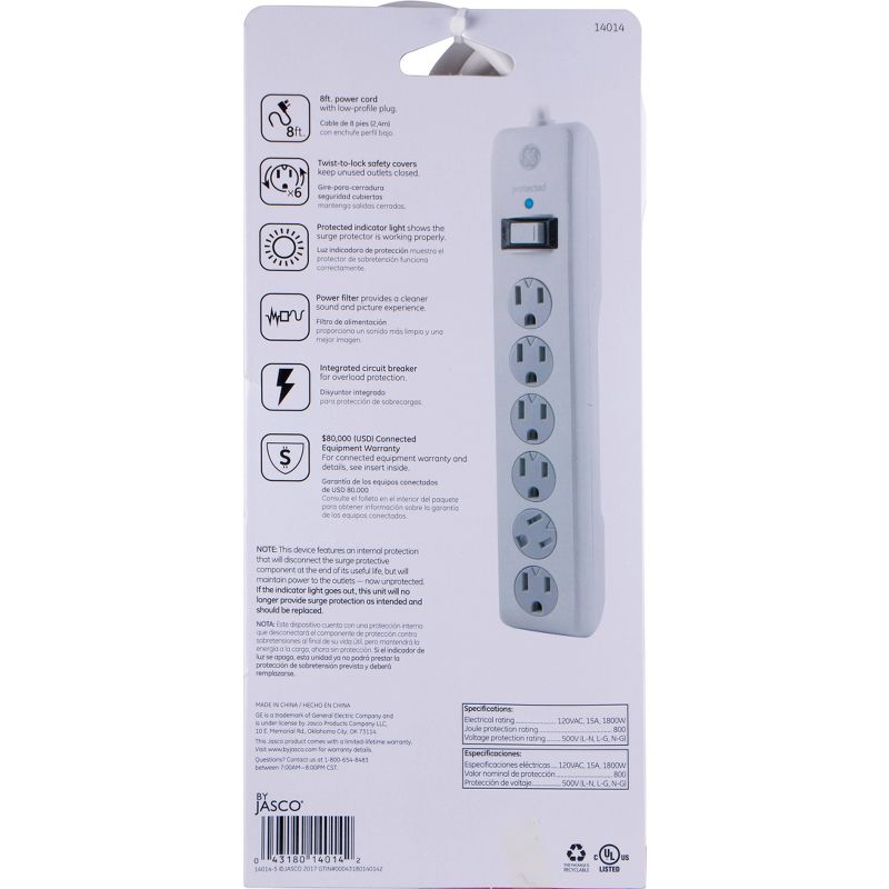 GE 6 Outlet Surge  Protector with 8&#39; Extension Cord Twist To Close Safety Covers White, 6 of 7