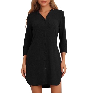cheibear Women's Button Down Nightgown Knit Stretchy Half Sleeve Soft Pajama Dress Nightshirt - 1 of 4