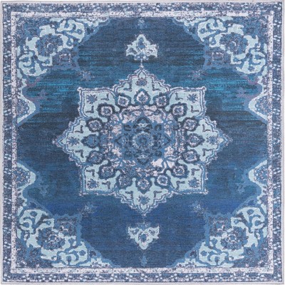 Navy Blue Synthetic Square Medallion Washable Area Rug