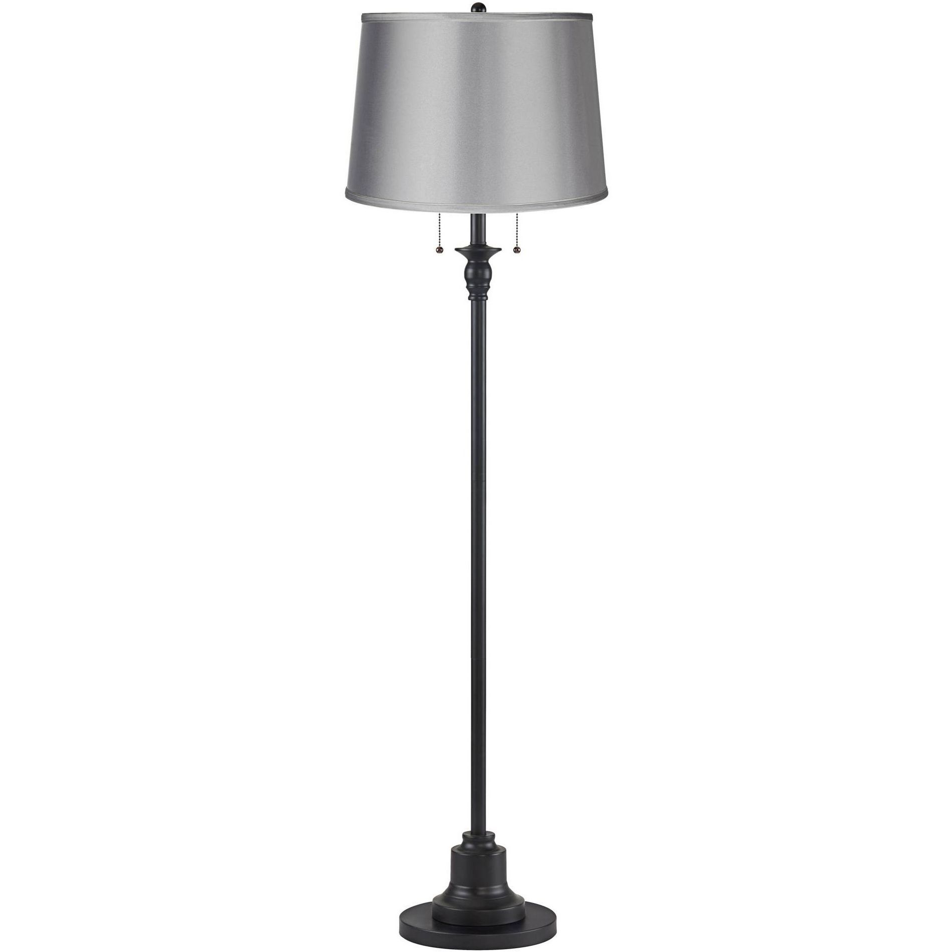 360 Lighting Dyna Traditional 58" Tall 2-Light Standing Floor Lamp Skinny Pole Pull Chain Black Finish Living Room Bedroom House Drum Satin Gray Shade
