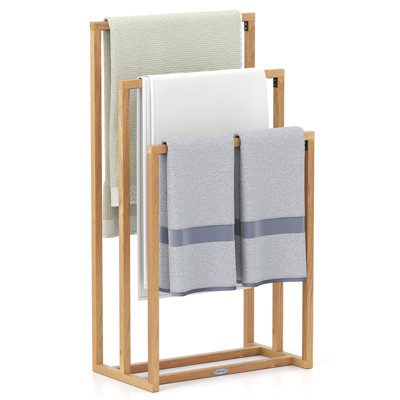 Tangkula 3-Tier Freestanding Towel Rack w/ 3 Hanging Crossbars for Bathroom Natural