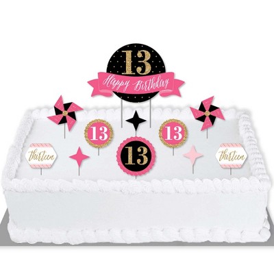 Big Dot of Happiness Chic 13th Birthday - Pink, Black and Gold - Birthday Party Cake Decorating Kit - Happy Birthday Cake Topper Set - 11 Pieces