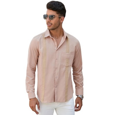 Men's Casual Cotton Linen Button Down Shirts Cuban Guayabera Shirt Long Sleeve Summer Beach Tops
