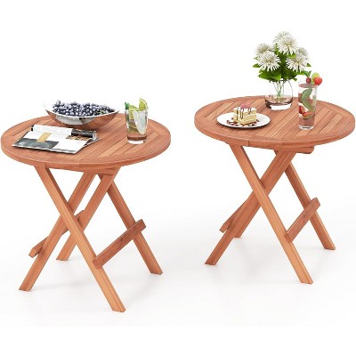 Tangkula 2PCS Table Indonesia Teak Wood Round Slatted Tabletop Portable Camping Folding Side Patio