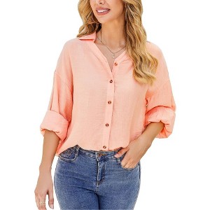 Womens Button Down Shirt Linen Button Up Shirts for Women Long Sleeve Dress Shirt Collared Blouse Tops Tunics - 1 of 4