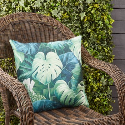 Philodendron Paradise Green Outdoor Poly Filled Square Throw Pillow, 18"x18"