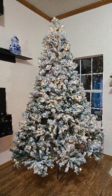 Yaheetech 7.5ft Pre-lit Flocked Artificial Christmas Tree Snow Frosted ...