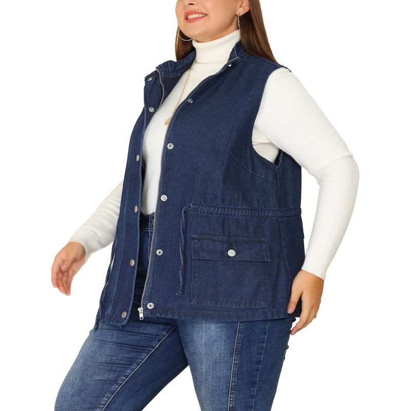 Agnes Orinda Women's Plus Size Utility Anorak Cargo Drawstring Jean Denim Jacket Vest, 2 of 6