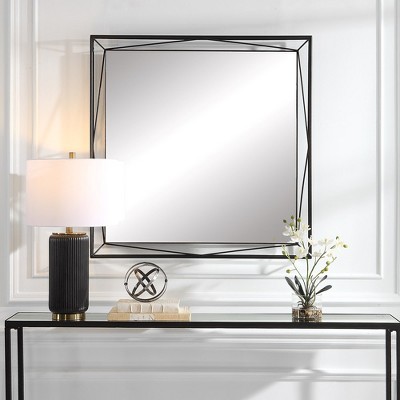 Modern Black Square Mirror with Wood Frame