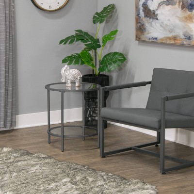 Pewter Round Metal and Glass End Table, 20 Inches