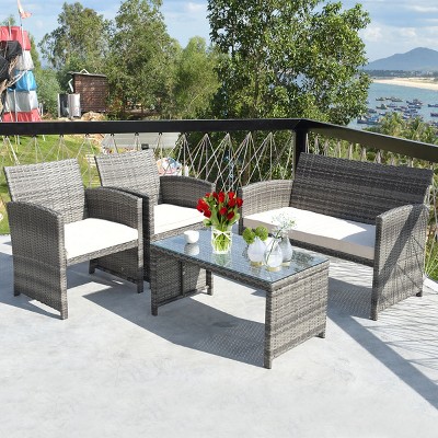 Costway 4PCS Patio Rattan Furniture Set Conversation Glass Table Top Cushioned Sofa