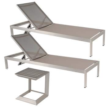 3pc Aluminum Patio Lounger Set, Outdoor Chaise Lounge with Coffee Table 4A, Silver -ModernLuxe