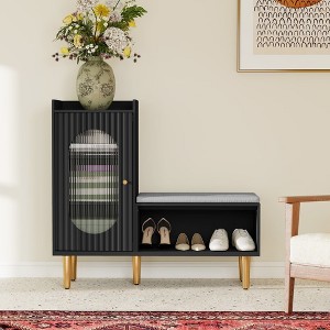 ChicFurnit Decorative Storage Cabinet L Shaped Shoe Storage Bench with Glass Door for Entryway, Black, 43.90"*17.90"*6.70" - 1 of 4