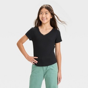 Girls' Short Sleeve Lace Trim V-Neck Shirt - art class™ - 1 of 3