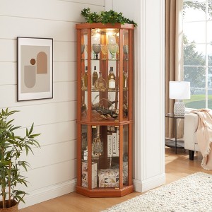 Lighted Glass Corner Curio Cabinet with Side-Hinged Doors and Adjustable Shelves, Elegant Display for Living Room, Bar, Wine, Antique Collections - 1 of 4