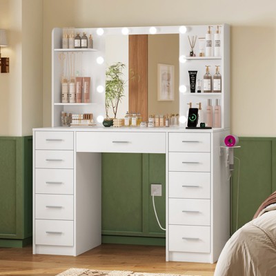 USIKEY Vanity Desk with Mirror and Lights, Power Outlet, Makeup Vanity with 11 Drawers &6 Storage Shelves,  Adjustable Lighting, White