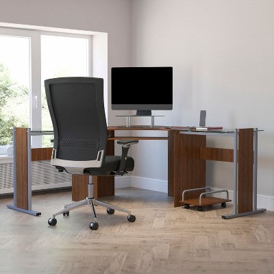 Maple and Glass Corner Desk with Keyboard Tray and CPU Cart