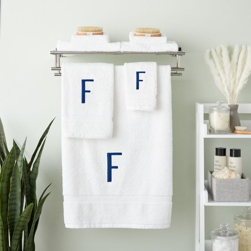Juvale 3 Piece Letter F Monogrammed Bath Towels Set, White Cotton Bath Towel, Hand Towel, and Washcloth w Blue Embroidered Initial F for Wedding Gift, 2 of 6