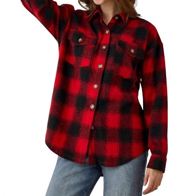 Women's Andie Plaid Fringe Button Shacket - Giftcraft