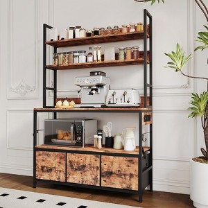 Kitchen Bakers Rack with Charging Station & Drawers, Industrial Microwave Stand, Freestanding Farmhouse Coffee Bar, Utility Shelves with Hooks - 1 of 4