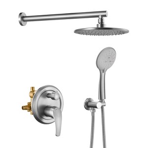 Cobbe Brushed Nickel Single Handle Wall Mount Shower Faucet Set with 9-Inch Showerhead 5-Settings Hand Shower 15.74-Inch Shower Arm and Valve - 1 of 4