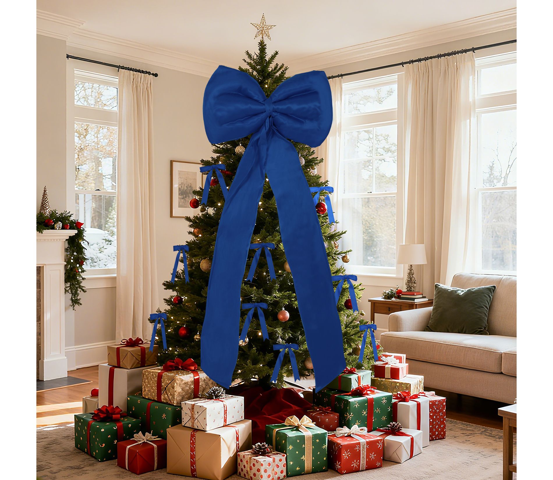 Christmas Tree Topper Bow and 24 Ribbon Bows, 25 PCS Set with Long Tail, for Xmas Tree, Garland, Wreath, Indoor Outdoor Christmas Decorations