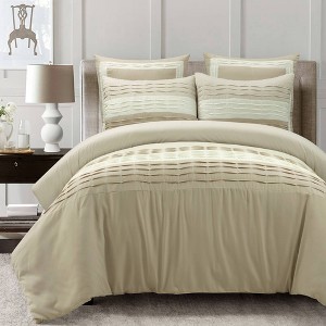 Lush Décor 5pc Mia Pleated Color Block Comforter Bedding Set Light Beige - 1 of 4