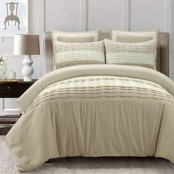 Lush Décor 5pc Mia Pleated Color Block Comforter Bedding Set Light Beige