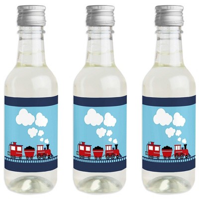 Big Dot of Happiness Railroad Party Crossing - Mini Wine Bottle Label Stickers - Steam Train Party Favor Gift for Women and Men - Set of 16