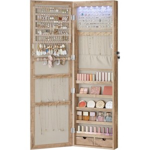 6 LEDs Mirror Jewelry Cabinet, Tall Lockable Wall or Door Mounted Jewelry Armoire Organizer - 1 of 4
