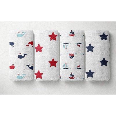 Bacati - Little Sailor Blue/Navy/Red Boys Muslin Swaddling Blankets set of 4